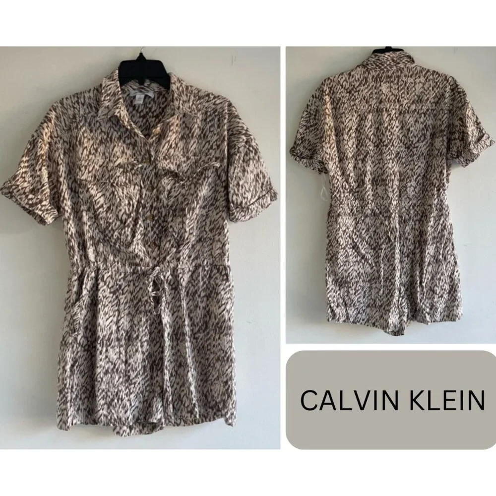Calvin Klein Linen Blend Brown Print Short Sleeve Romper - 22320